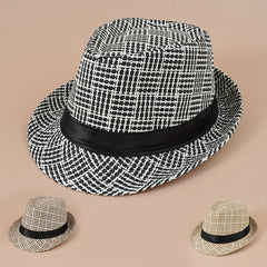 Plaid Striped Jazz Fedora Cap Straw Sun Hat British Style Trilby Hats