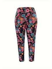 Boho Leggings Women's Plus Paisley Floral Print High Rise Leggings