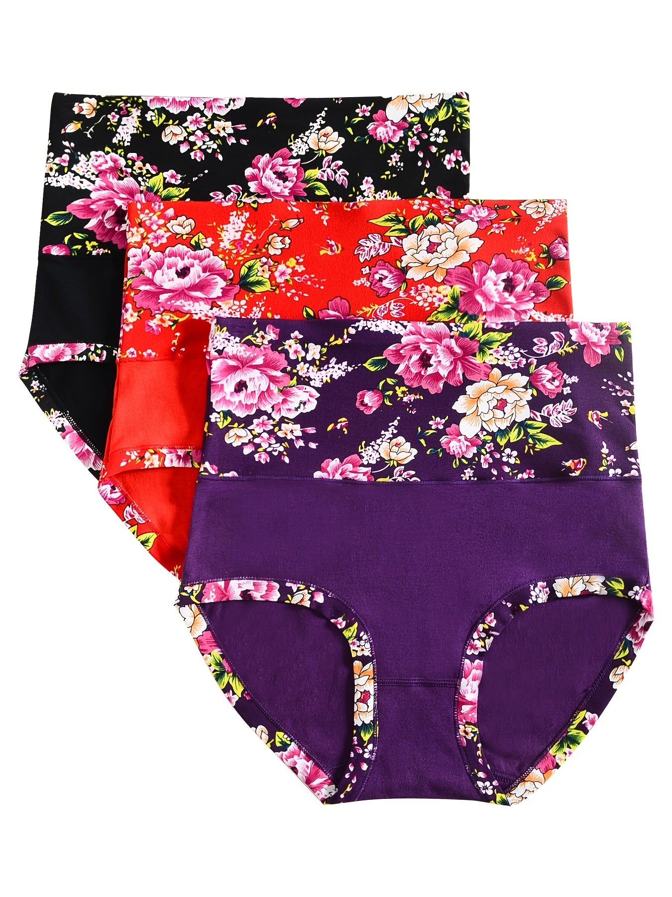 3pcs Chinese Floral Cotton Briefs Comfortable Mid Waist Intimates Panties
