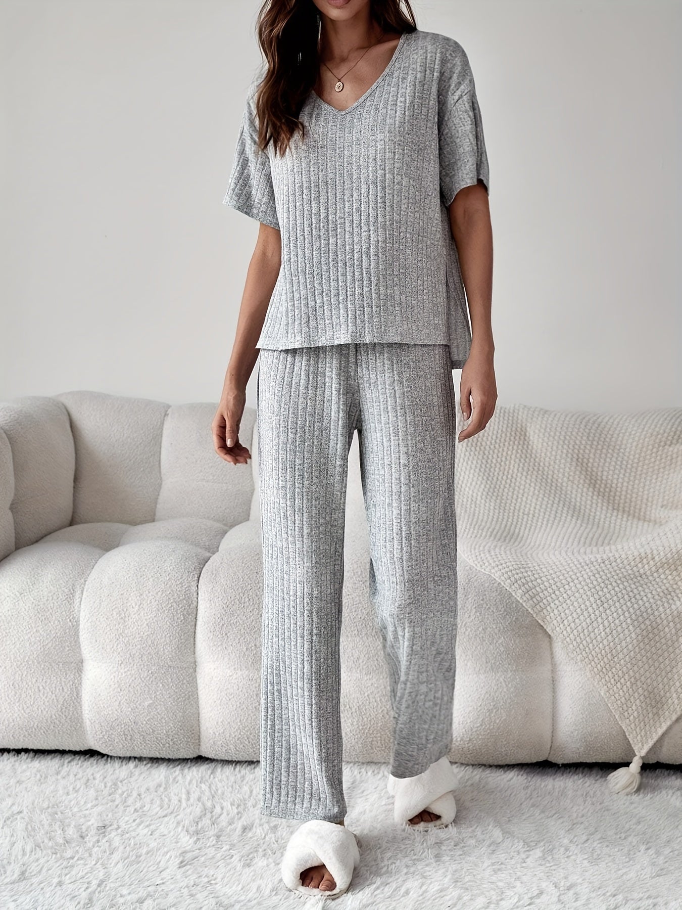 Ribbed Lounge Set Short Sleeve Top & Pants Women's Loungewear