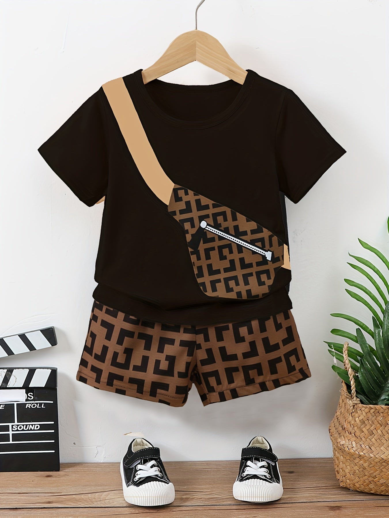 Boys Messenger Bag Print T Shirt & Geometry Print Shorts Set