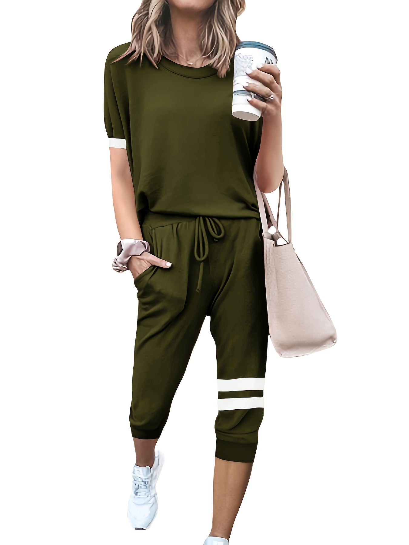 Casual Two-Piece Set Crew Neck Long Sleeve Tops & Drawstring Striped Pants