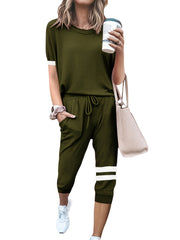 Casual Two-Piece Set Crew Neck Long Sleeve Tops & Drawstring Striped Pants