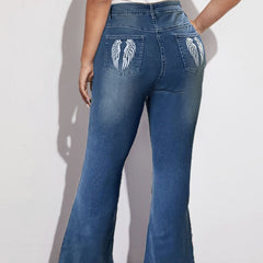 Women's Plus Size Button Up Flared Leg Jeans with Wings Embroidery Pockets