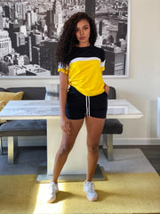 Casual Two piece Set Block T shirt & High Waist Drawstring Shorts Outfits
