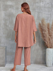 Casual Two piece Set Crew Neck 3 4 Sleeve Tops & Wide Leg Cropped Pants