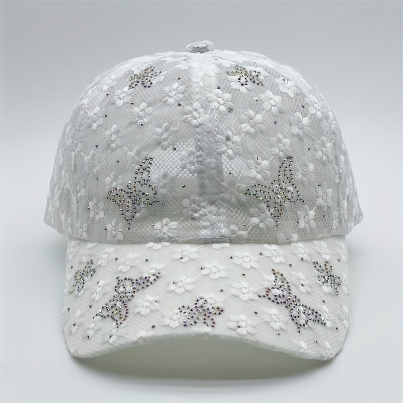 Rhinestone Butterfly Baseball Cap Lace Hollow Out Breathable Dad Hats