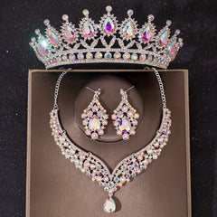 Green Crystal Bridal Jewelry Set Party Rhinestone Tiara Necklace Earrings