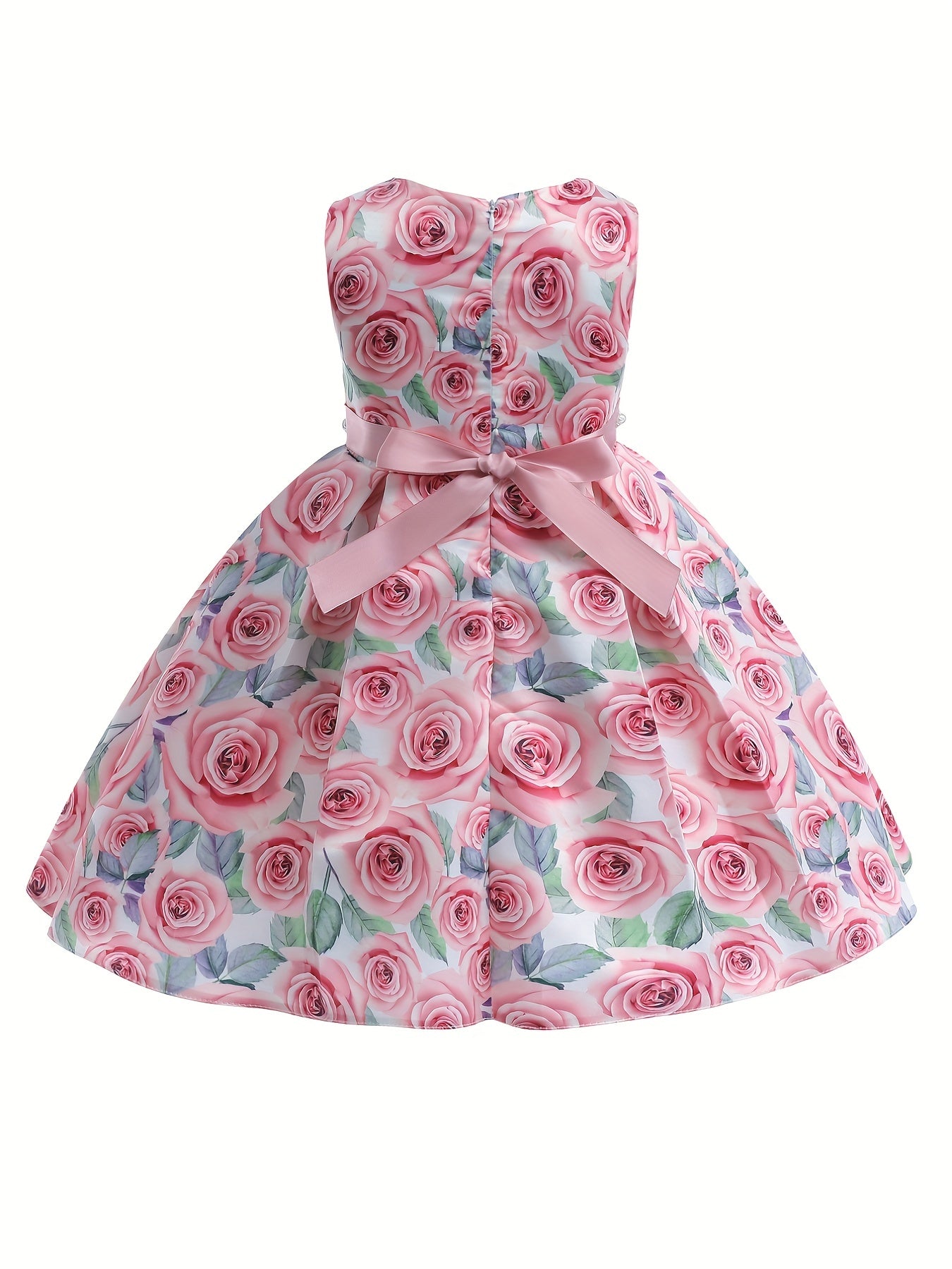 Girls Sleeveless Flowers Graphic Princess Dress Gown Piano Performance Dress