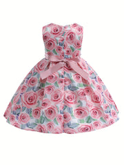 Girls Sleeveless Flowers Graphic Princess Dress Gown Piano Performance Dress