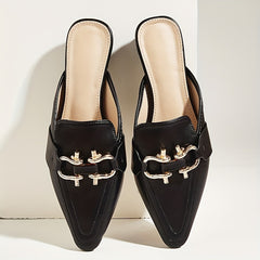 Pointed Toe Mules with Metal Buckle Detail