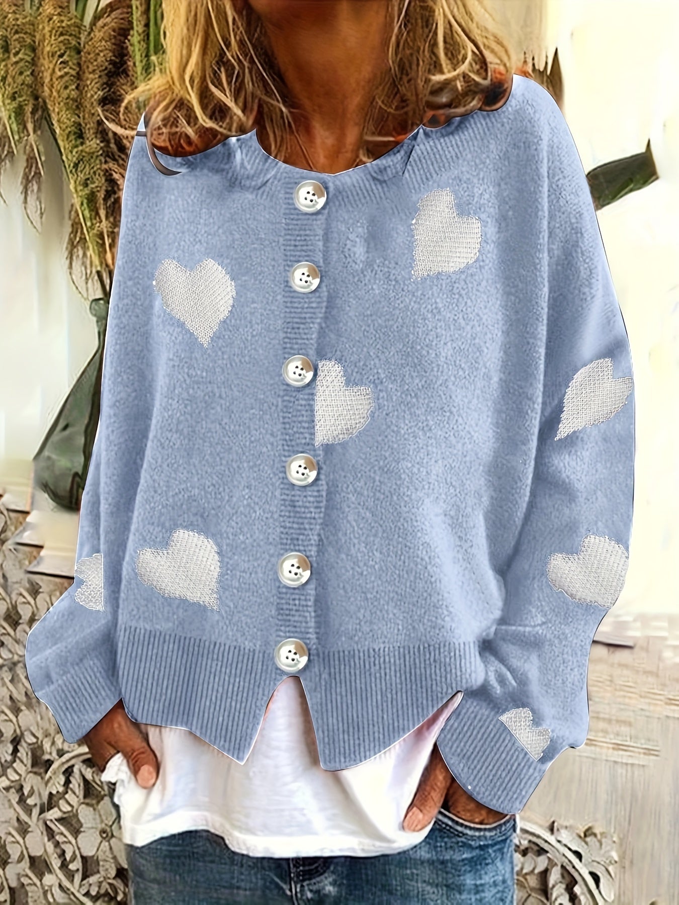 Heart Print Button Up Long Sleeve Cardigan