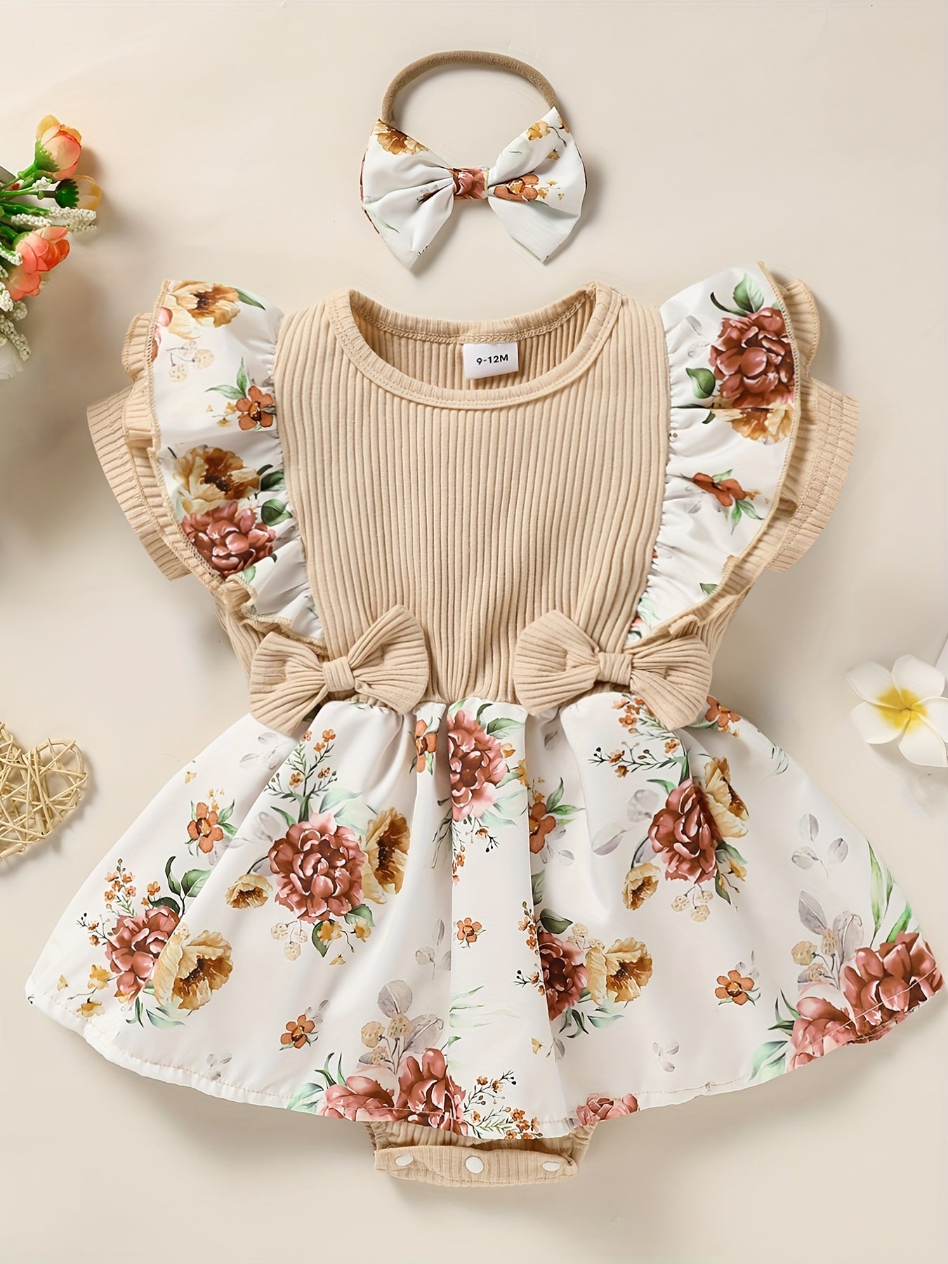 Newborn Infant Dress Splicing Romper Ruffle Flowers Print Short Sleeve Bodysuit