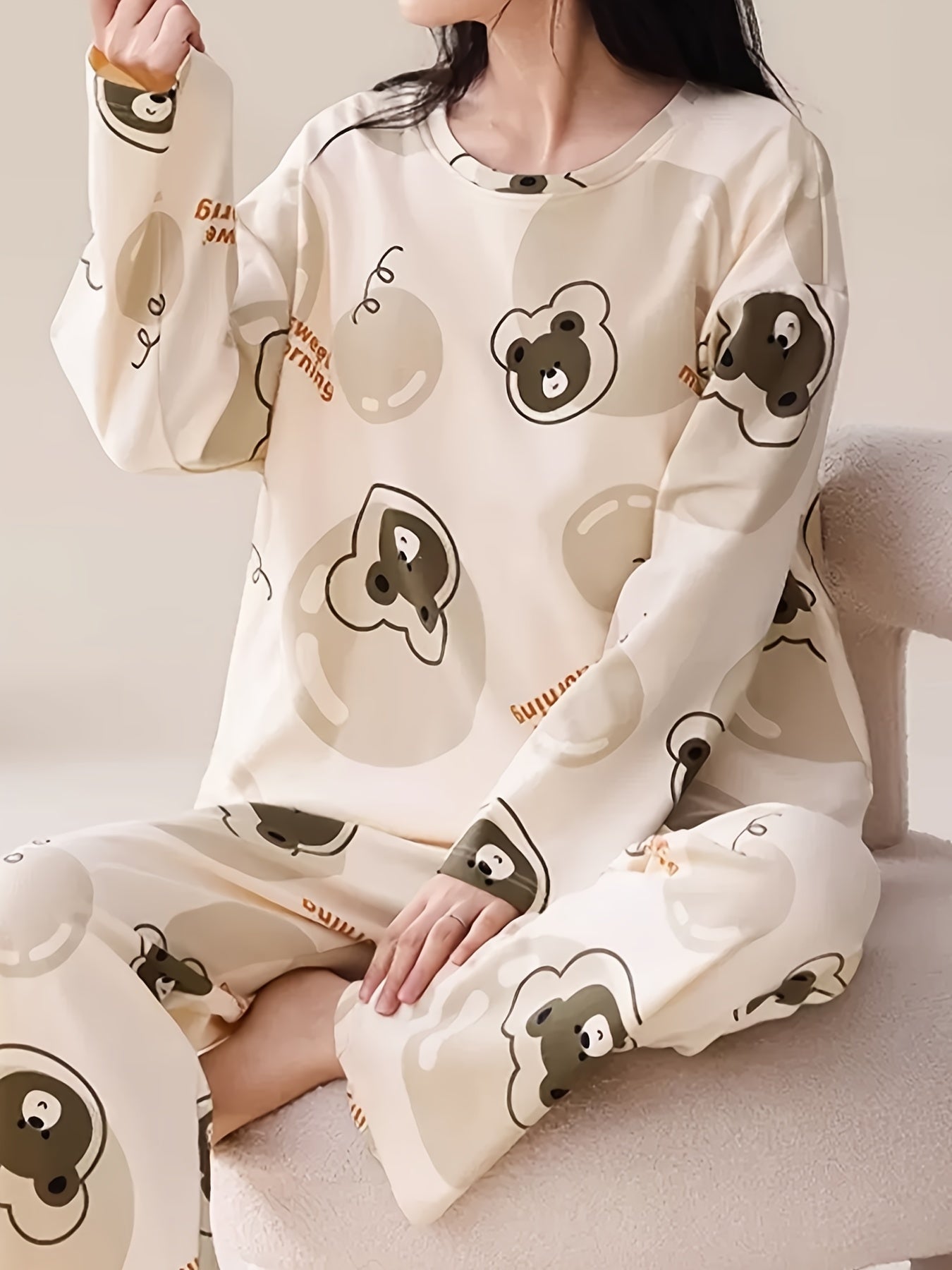 Bear Print Pajama Set Long Sleeve Crew Neck Top & Lounge Pants