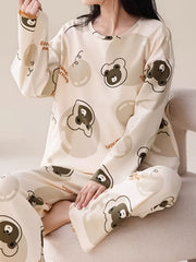Bear Print Pajama Set Long Sleeve Crew Neck Top & Lounge Pants