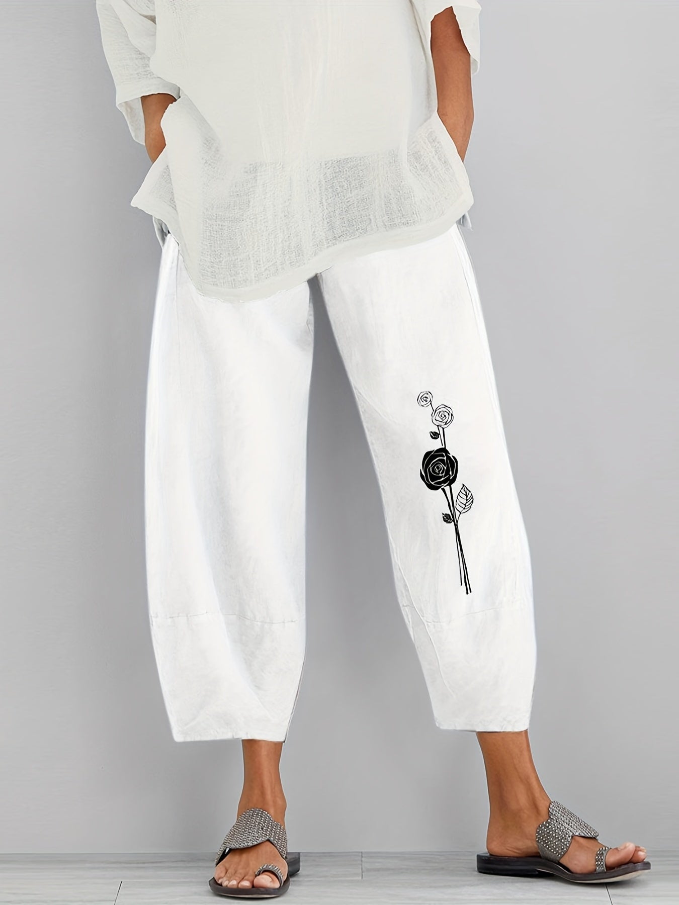 Floral Print Elastic Waist Pants for Women