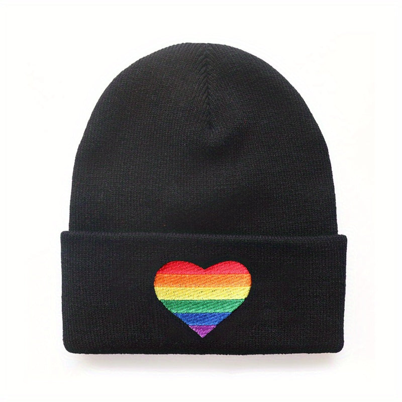Rainbow Heart Embroidered Beanie