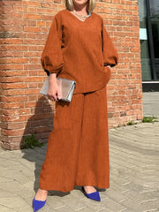 Solid V Neck Sleeve Top & Wide Leg Pants Set Women's Clothing