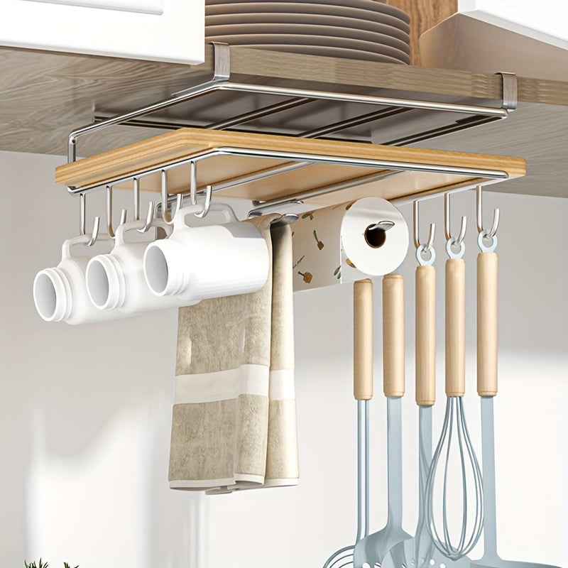 Stainless Steel Kitchen Storage Rack with Hooks and Paper Towel Holder