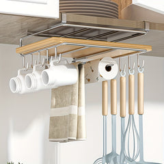 Stainless Steel Kitchen Storage Rack with Hooks and Paper Towel Holder