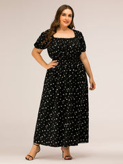 Polka Dot Square Neck Puff Sleeve Maxi Dress - Plus Size