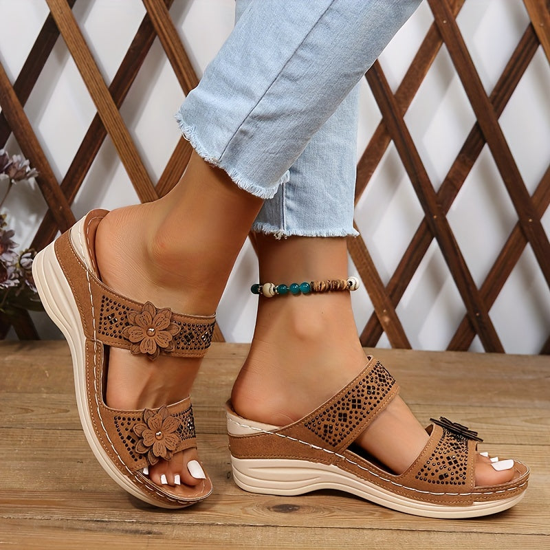 Flower & Rhinestone Wedge Slippers Open Toe Non Slip Arch Support Sandals
