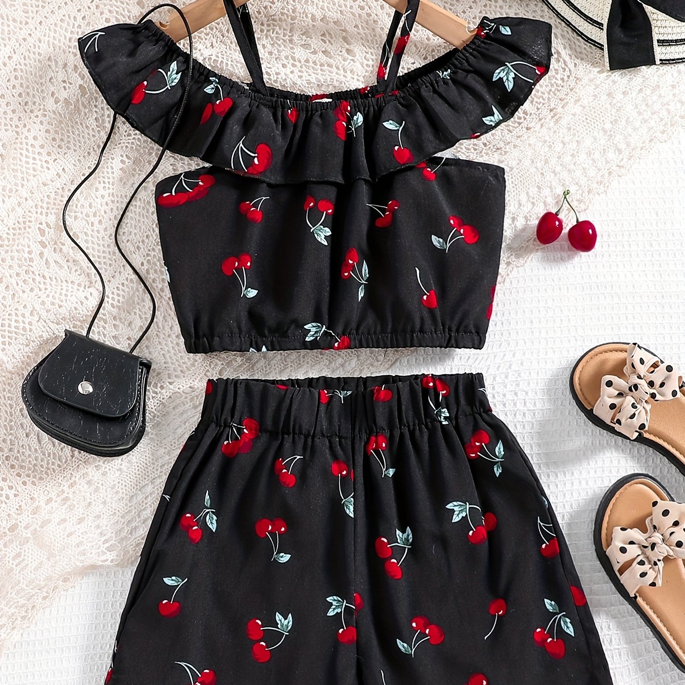Girls Cherry Print Off Shoulder Camisoles & Elastic Waist Shorts Set