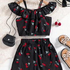 Girls Cherry Print Off Shoulder Camisoles & Elastic Waist Shorts Set