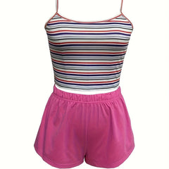 Colorblock Striped Pajama Set Sleeveless Cami Top & Shorts Women's Loungewear