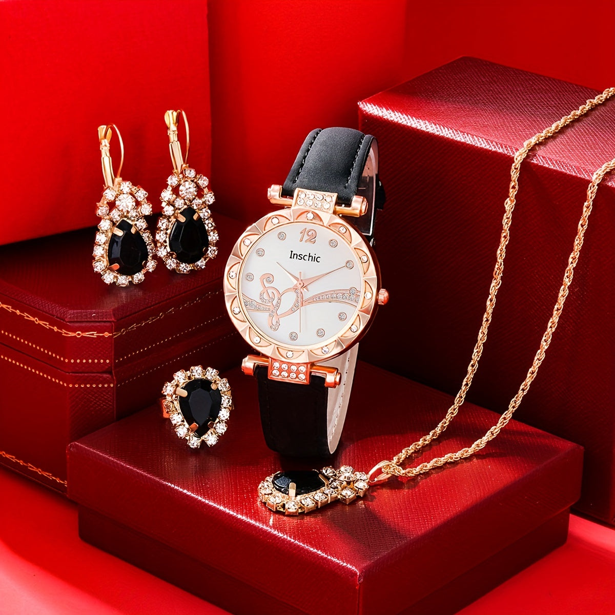 5pcs Love Wings Leather Quartz Watch Set
