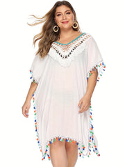 Crochet Tassel Trim V Neck Cover Up Dress