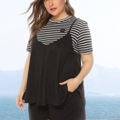 Colorblock Strip Print T-shirt & Shorts Set Plus Size Women's 2pcs Set