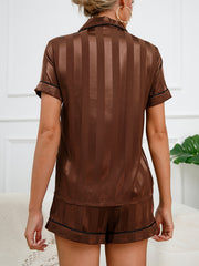 Stripe Print Pajama Set Short Sleeve Button Up Top & Elastic Waistband Shorts