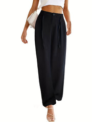 Solid Drawstring Button Pants Casual High Waist Straight Leg Pants