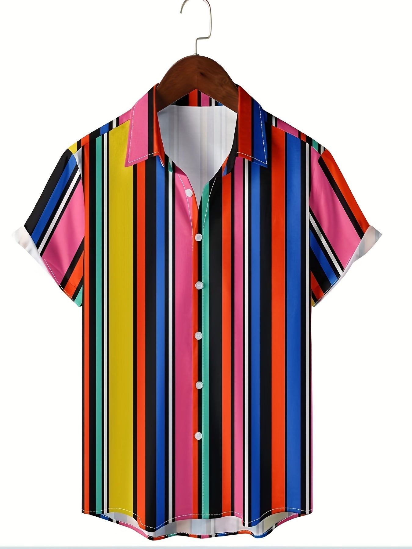 Colorful Stripes Print Men's Short Sleeve Shirt for Beach Summer