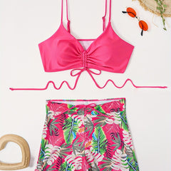 Vacay Bikini Set Solid Lace Bra & Leaf Print Short