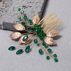 Green Crystal Leaf Charm Hair Comb Bridal Wedding Headwear