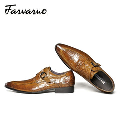FARWARWO Crocodile Print Monk Strap Dress Shoes Pointed Toe Formal Office