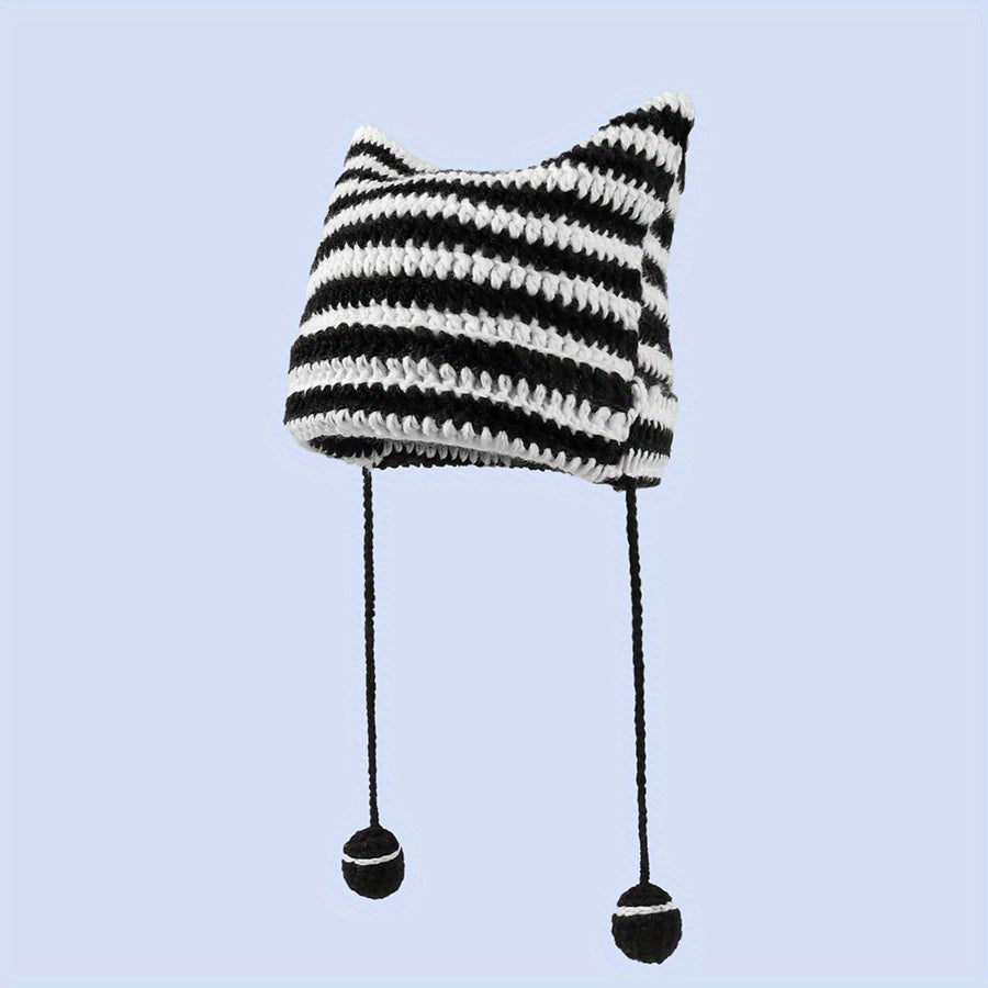 Harajuku Striped Knit Beanie Pom Pom Tassel Gothic Cap Cat Ears Hats