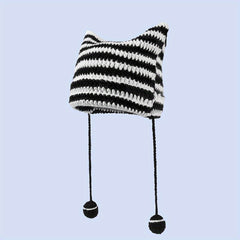 Harajuku Striped Knit Beanie Pom Pom Tassel Gothic Cap Cat Ears Hats