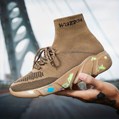 Men's High Top Breathable Sock Shoes Lace Up Woven Knit Sneakers