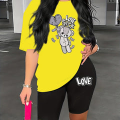 Bear & Letter Print Two piece Set Crew Neck Short Sleeve Tops & Slim Shorts