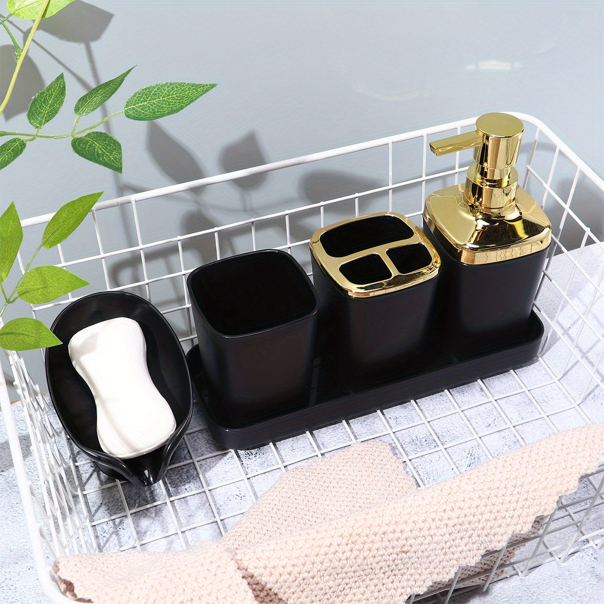 5pcs Bathroom Accessory Set: Lotion Dispenser, Soap Dish, Toothbrush Holder, Cup