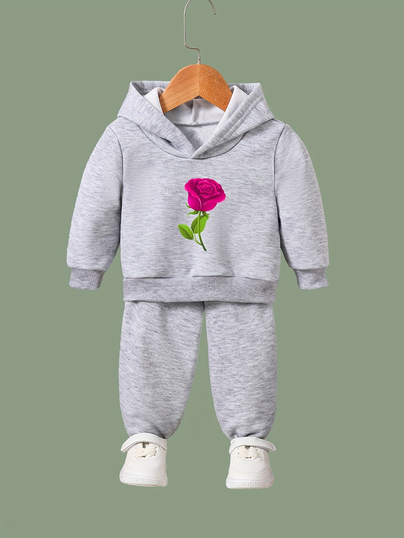 2pcs Rose Print Outfits Girls Hoodies Jogger Pants Set For Girls Sports