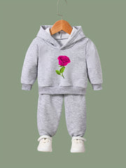 2pcs Rose Print Outfits Girls Hoodies Jogger Pants Set For Girls Sports