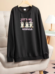 Casual Loungewear Top Women's Plus Slogan & Ghost Print
