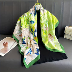 Flower Print Square Scarf Oil Painting Silk Shawl Women Head Wrap Satin