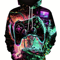 Gamepad Print Hoodie for Men Graphic Pullover with Pocket