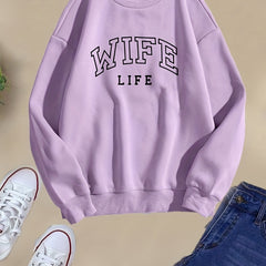 Wife Life Print Sweatshirt Long Sleeve Crew Neck Casual Sweatshirt