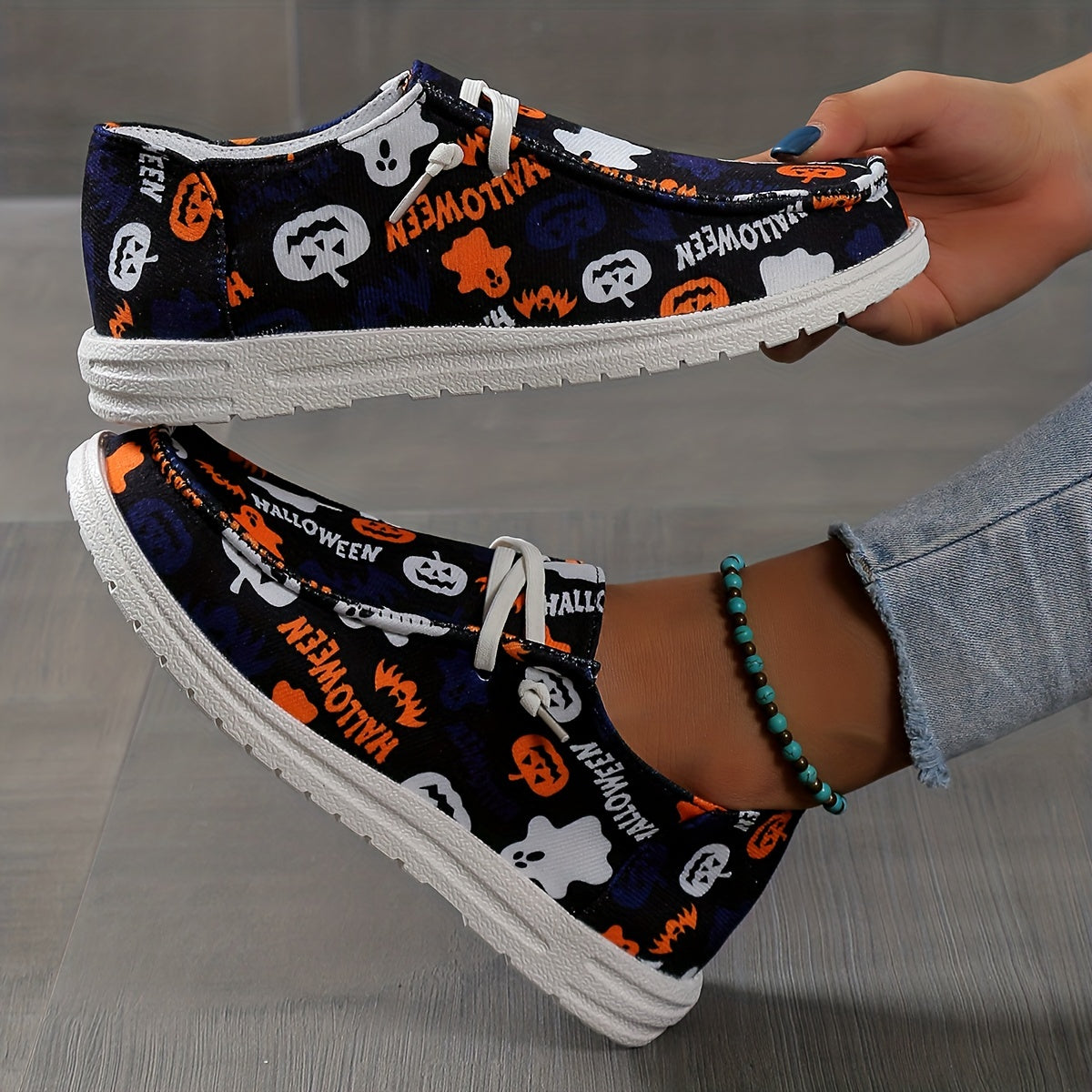 Women's Pumpkin Print Shoes Slip On Low Round Toe Flat Lightweight Shoes